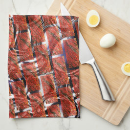 Röd, bubblor på gring eller tegelverkan? Metallic. Kökshandduk