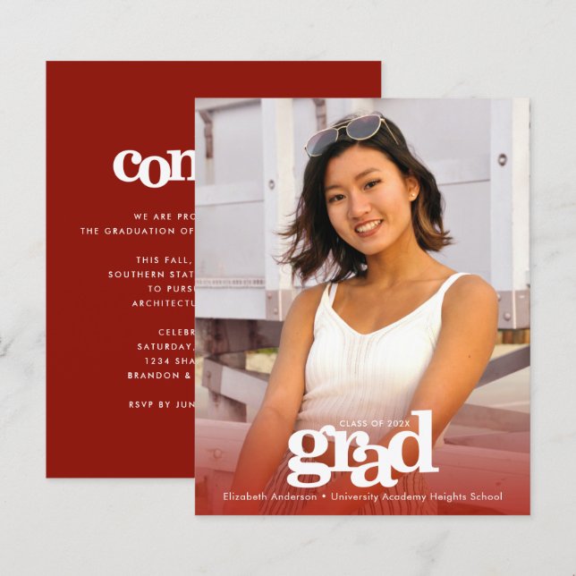 Röd budget studenten, foto fet modern inbjudan (Fram/baksida)