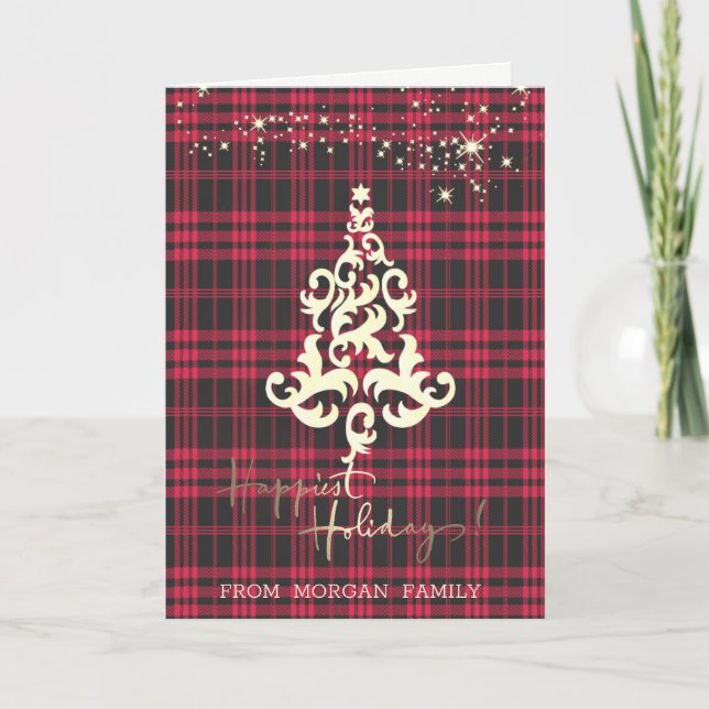 Röd Buffalo Plaid Julgran God Jul Helgkort (Framsida)