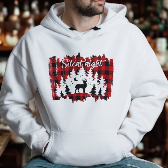 Röd Buffalo-rut Tyst Natt Renar Tallar Hoodie (Skapare uppladdad)