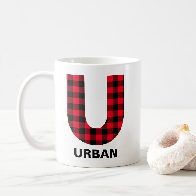 Röd Buffalo-rutig fet initial U-monogram Kaffemugg (Med munk)