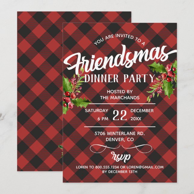 Röd Buffalo-rutig Friendsmas-partys-inbjudan Inbjudningar (Fram/baksida)