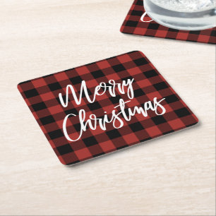 Röd Buffalo-rutig Merry Christmas Underlägg Papper Kvadrat