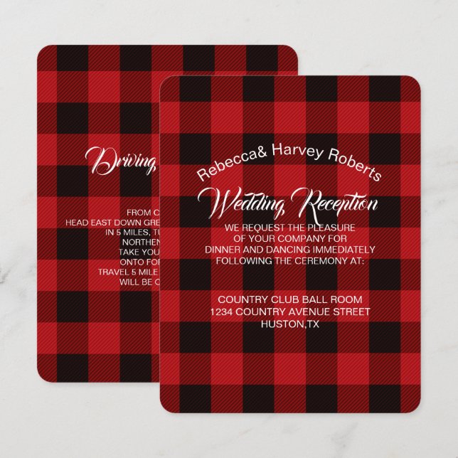 röd buffelplaid rustik vinterbröllopsmottagning inbjudningar (Fram/baksida)