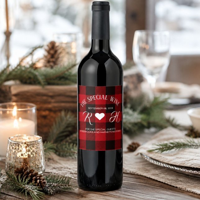 röd buffelplaid rustisk vinterbröllop vinflaska etikett (red buffalo plaid rustic winter wedding wine label)