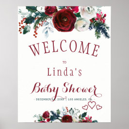 Röd burgunder akvarell vinterbukett baby shower poster