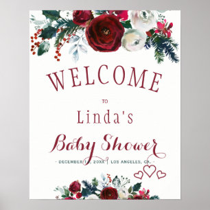 Röd burgunder akvarell vinterbukett baby shower poster