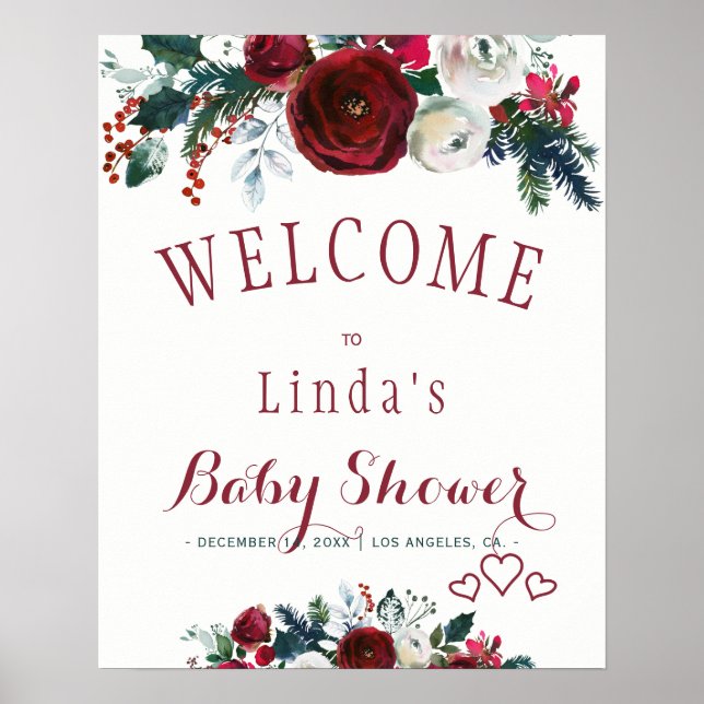Röd burgunder akvarell vinterbukett baby shower poster (Framsidan)