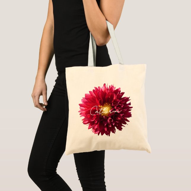 Röd Burgunder Dahlia Blomma Foto Skript Namn Tygkasse (Framsida (produkt))