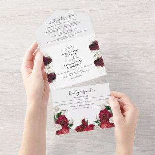 Röd burgunder och vit blomster elegant bröllop