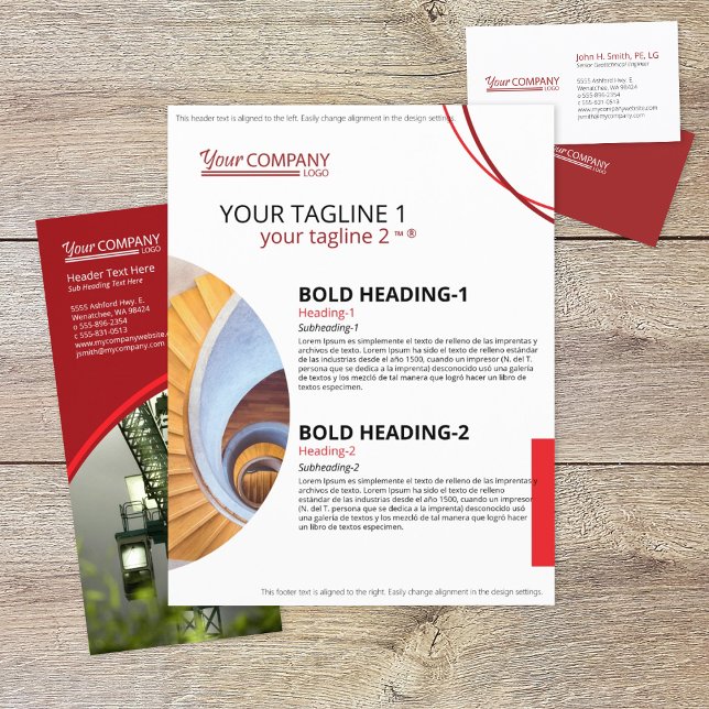 Röd, burgundisk Logotyp, geometriska fotoformer Reklamblad (red burgundy company branding flyer with modern block text and geometric shaped photos)