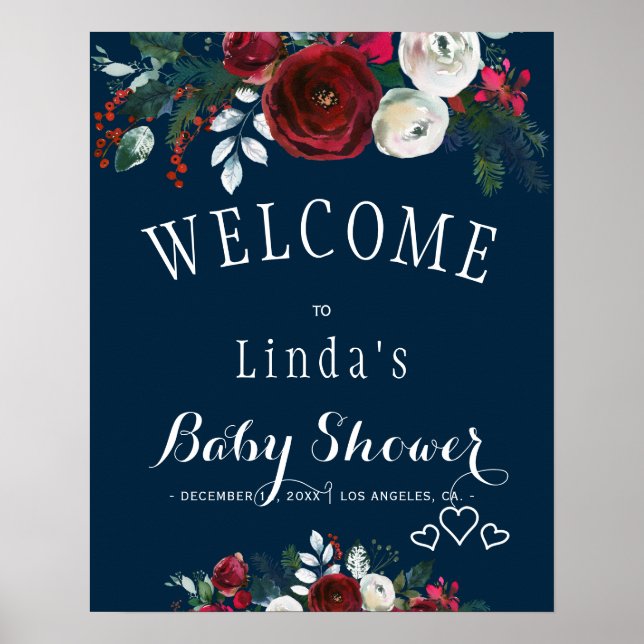 Röd Burgundy Marin Rustik Vinter Blommig Bebis Sho Poster (Framsidan)