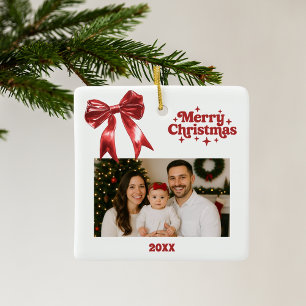 Röd butik, vit julfoto julgransprydnad keramik