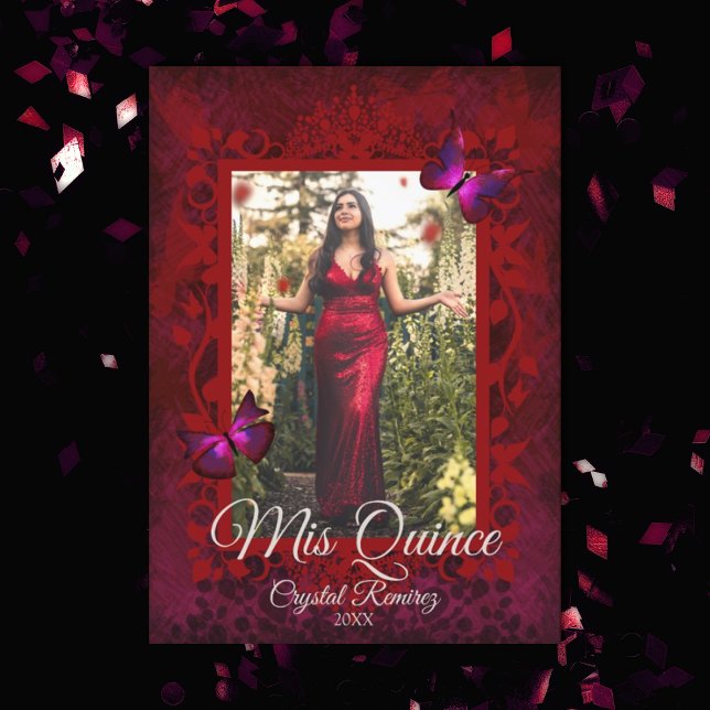 Röd Butterflies-mappad Quinceanera-inbjudan Kort (elegant red butterfly quinceanera invitation, red quinceanera dress, ruby red mis quince)
