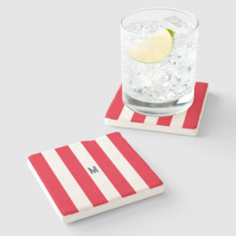 Röd Cabana-rand & Personligt Marinblått Monogram Stenunderlägg