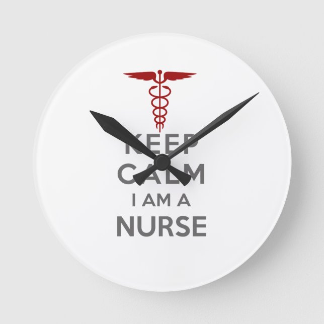 Röd Caduceus Keep Calm Jag är en Sjuksköterska Rund Klocka (Framsida)