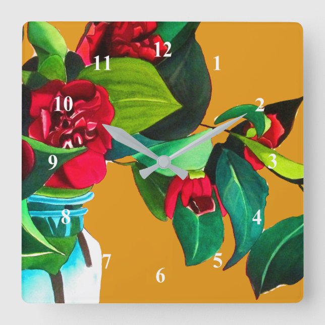 Röd Camellias vattenfärgsoriginalteckning av blomm Fyrkantig Klocka (Framsida)