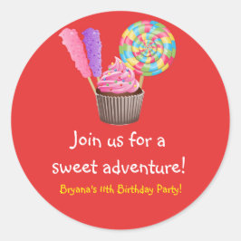 Röd Candyland Godis Cupcake Födelsedagsfest Kliste Runt Klistermärke