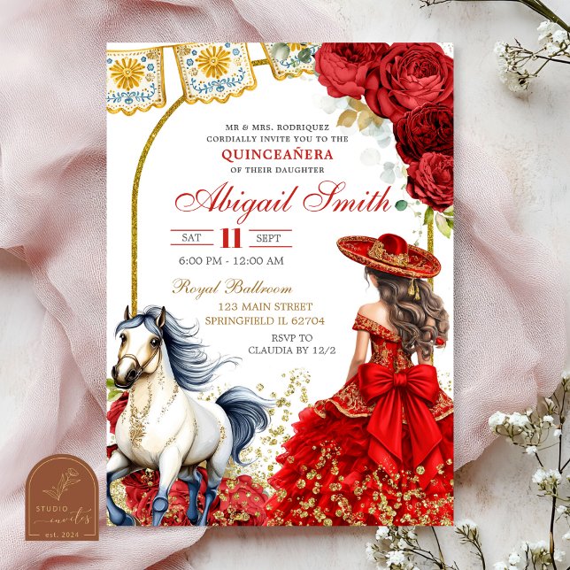 Röd Charra Ros Quinceanera Inbjudan (Skapare uppladdad)