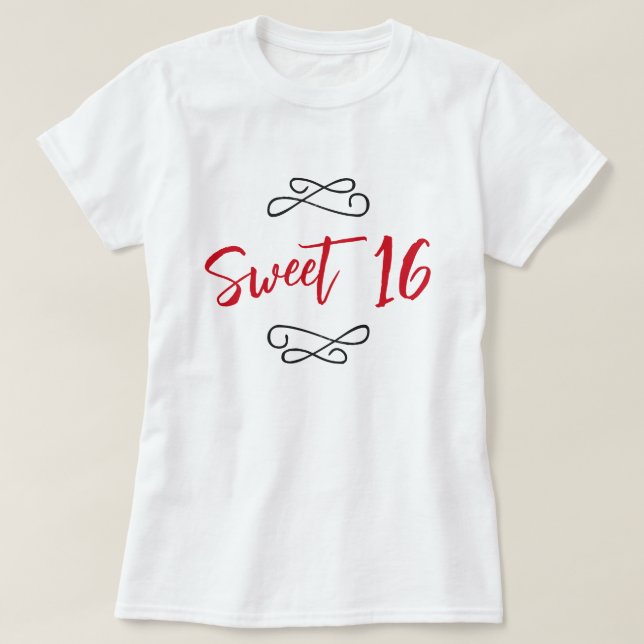 Röd Chic Doodle Modern Script Sweet 16 T Shirt (Design framsida)