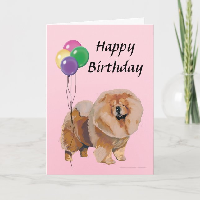 Röd ChowChow med ballonggrattis på födelsedagen Kort (Framsida)