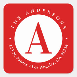 Röd | Circle Monogram-Returadress Fyrkantigt Klistermärke