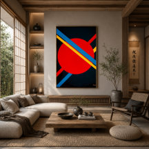 Röd cirkel med blå och gula diagonaler Bauhaus