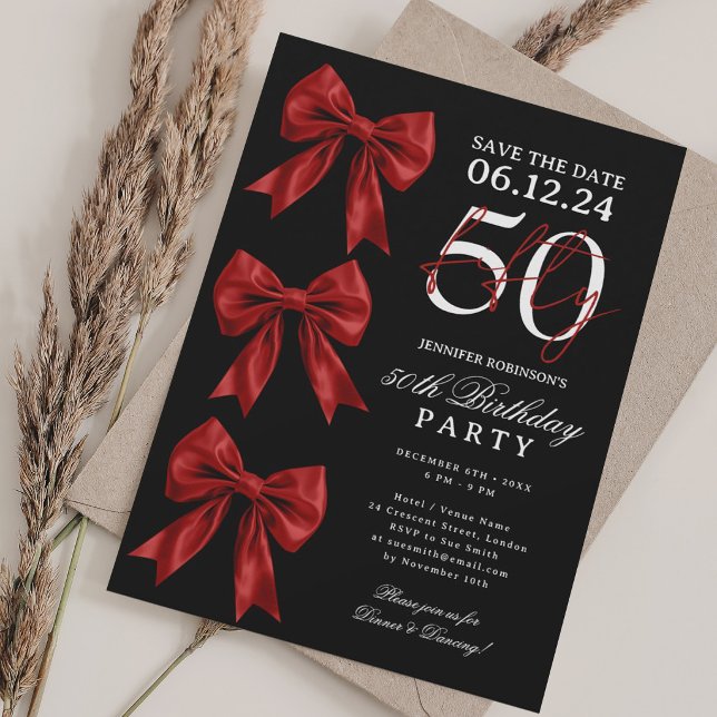 Röd Coquette-båge Spara datum 50-årsdag Svart Inbjudningar (Red Coquette Bow Save Date 50th Birthday Black Invitation)