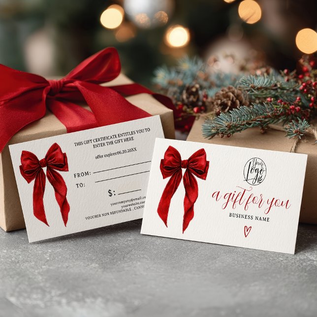 Röd Coquette Bow Jul logotyp presentkort (Red Coquette Bow Christmas logo gift certificate)