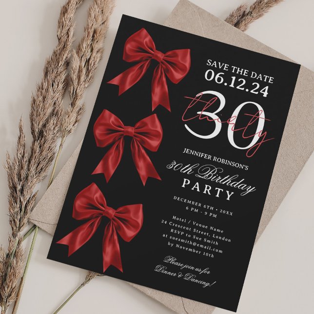 Röd Coquette Bow Save Date 30-årsdag Svart Inbjudningar (Skapare uppladdad)