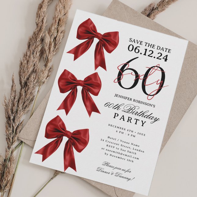 Röd Coquette Bow Save Date 60-års födelsedagsfest Inbjudningar (Red Coquette Bow Save Date 60th Birthday Party Invitation)