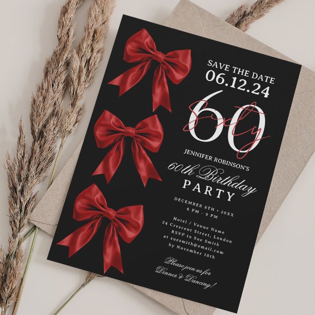Röd Coquette Bow Save Date 60-årsdag Svart Inbjudningar (Red Coquette Bow Save Date 60th Birthday Black Invitation)