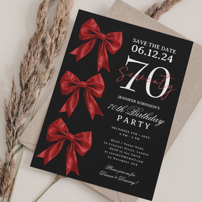 Röd Coquette Bow Save Date 70-årsdag Svart Inbjudningar (Skapare uppladdad)