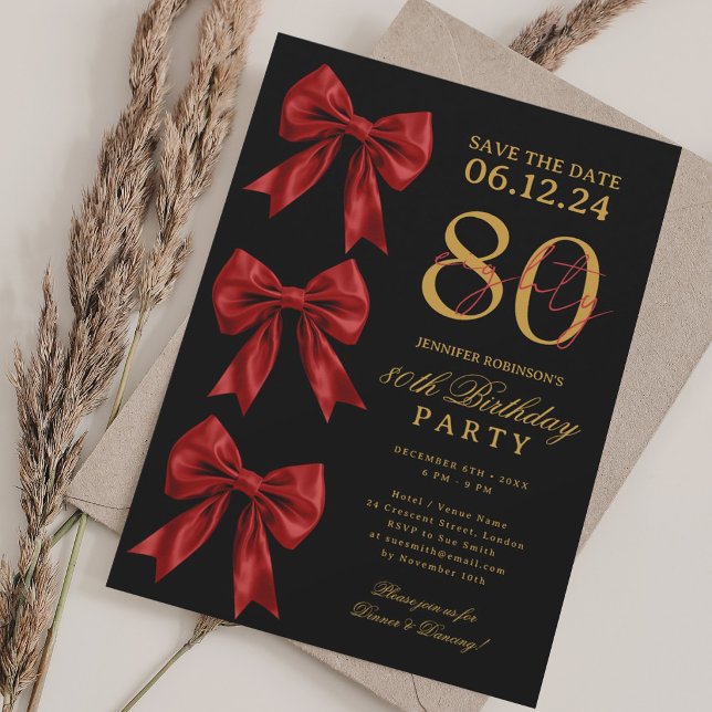 Röd Coquette Bow Save Date 80-årsdag Svart Inbjudningar (Red Coquette Bow Save Date 80th Birthday Black Invitation)