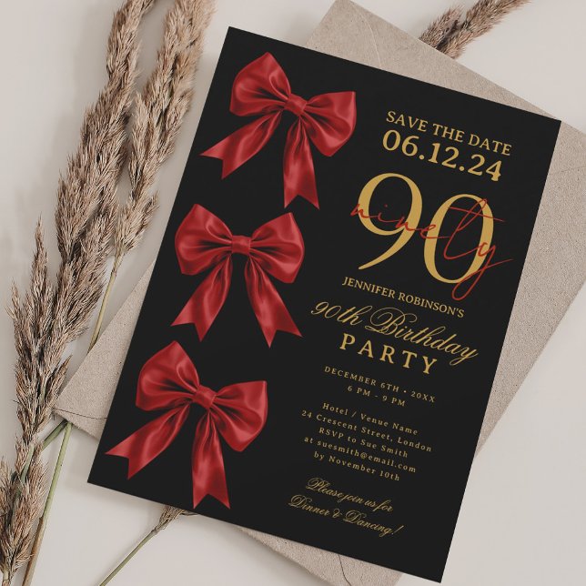 Röd Coquette Bow Save Date 90-årsdag Svart Inbjudningar (Red Coquette Bow Save Date 90th Birthday Black Invitation)