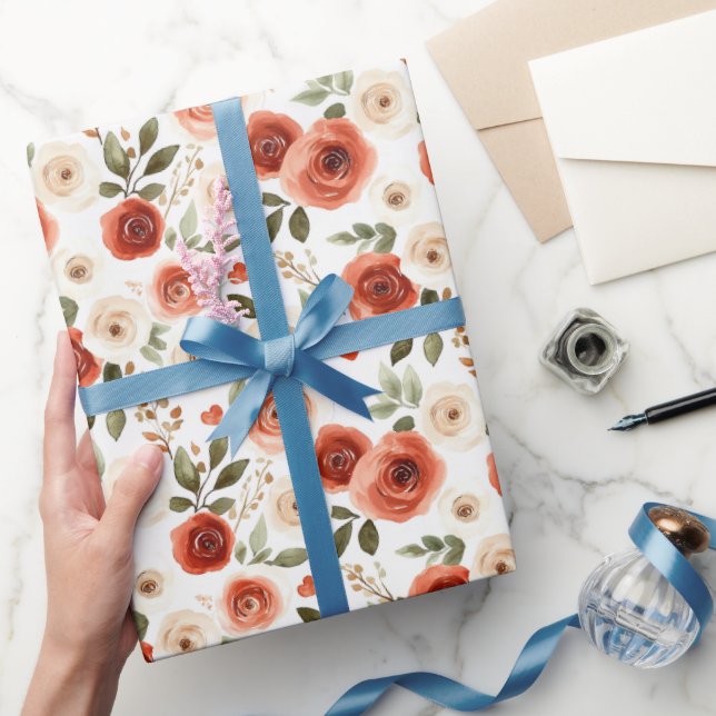 Röd Crème Hjärtan och Blommor Bröllopsfest Presentpapper (Gifting)