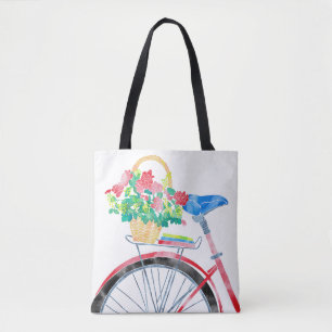 Röd cykel med basketen av blommor tygkasse
