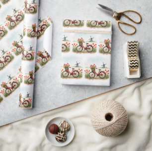 Röd cykel med holländska tulippar presentpapper