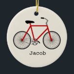 Röd cykelpersonligprydnad julgransprydnad keramik<br><div class="desc">En prydnad som presenterar en illustration av en röd cykel.  Personifiera med ditt namn under cykeln.</div>