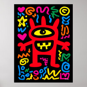 Röd cyklop-alien – Funky neonpopkonstmonster Poster