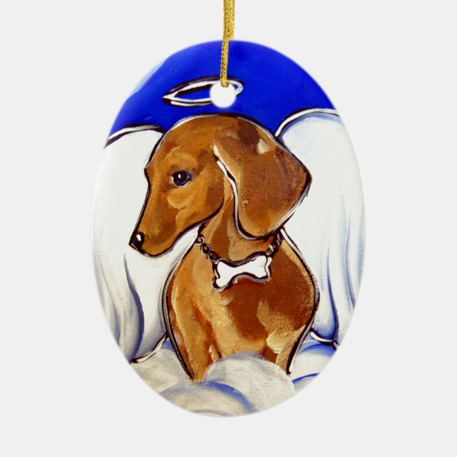 Röd Dachshund Ängel Julgransprydnad Keramik (Framsidan)