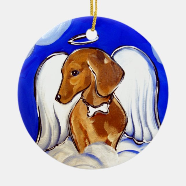 Röd Dachshund Ängel Julgransprydnad Keramik (Framsidan)