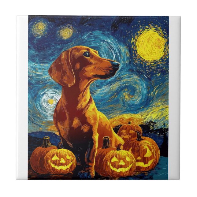 Röd Dachshund av van gogh stjärnklar natt hallowee Kakelplatta (Framsidan)