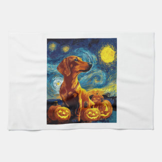 Röd Dachshund av van gogh stjärnnatt halloween F Kökshandduk