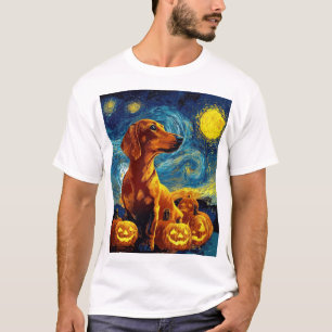 Röd Dachshund av van gogh stjärnnatt halloween F T Shirt