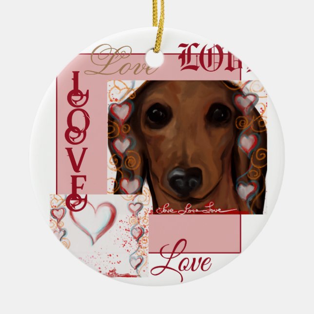 Röd Dachshund      Julgransprydnad Keramik (Framsidan)