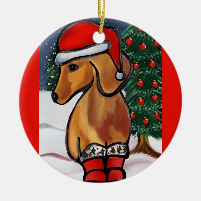 Röd Dachshund Julgransprydnad Keramik (Framsidan)