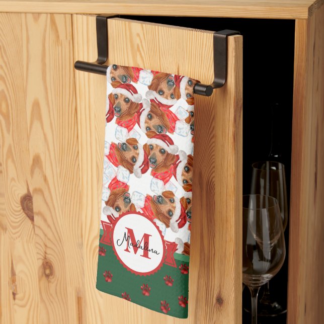Röd Dachshund Mönster Monogram Jul Hund Kökshandduk (Thirds Fold)