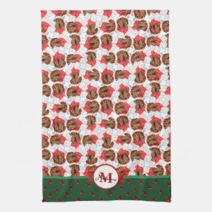 Röd Dachshund Mönster Monogram Jul Hund Kökshandduk