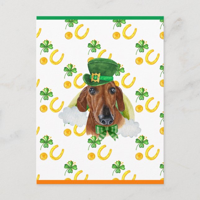 Röd Dachshund Shamrock St. Patricks Day Helg Vykort (Framsida)
